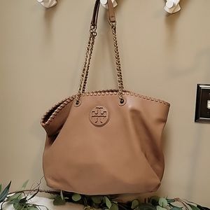 Authentic Tory Burch Marion Tan Leather Inner Pockets Double Handles Tote Bag